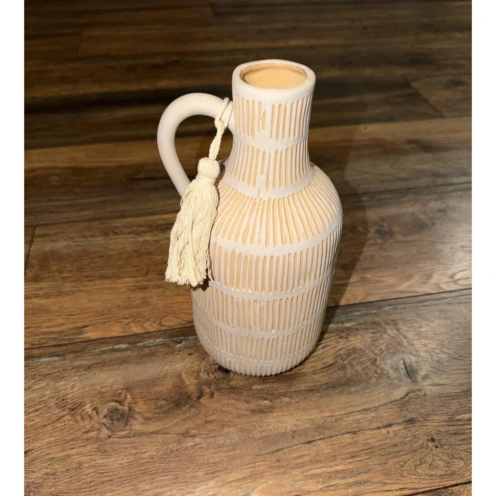 Farmhouse Ceramic Vase Handle Tassel Gray Yellow Striped Rustic Decor Terracotta